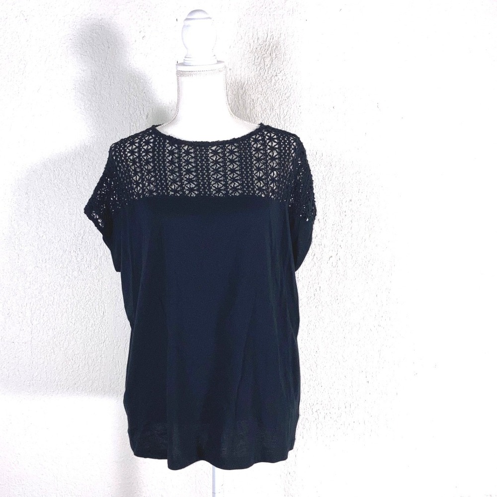 Lauren‎ Ralph Lauren Black Crochet Lace Yoke Short Sleeve Top 1X Plus Size
